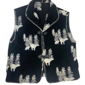 Vintage fleece vest women's XL Black White Bear momma cub woodland cabin earthy